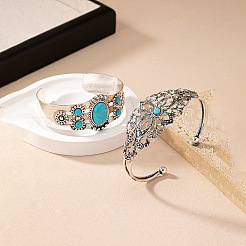 2шт 2 стиля сплава с синтетической бирюзой браслеты-манжеты для женщин&nbsp;FS-WG25D7B-01