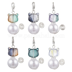 Подвесные украшения из акрила и стекла с имитацией жемчуга в виде кошки&nbsp;HJEW-JM02953