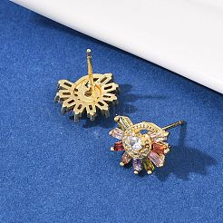 Серьги-гвоздики в форме солнца с микропаве из кубических цирконий из латуни&nbsp;EJEW-F400-10G
