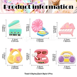 30 шт. 6 стиля непрозрачных кабошонов из смолы с музыкальной тематикой&nbsp;CRES-YW0002-48