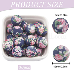 30 шт. круглые силиконовые бусины с цветочным узором&nbsp;SIL-SC0002-03D