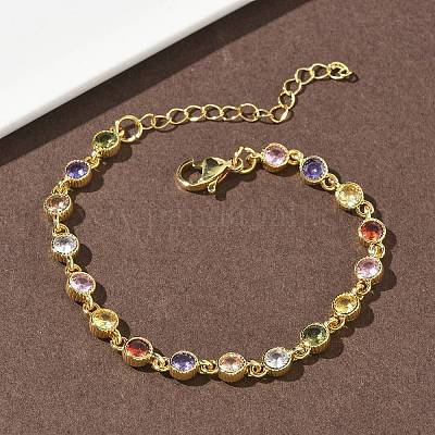 Плоские круглые латунные браслеты-цепочки с инкрустацией кубическим цирконием для женщин&nbsp;BJEW-P385-01G-1