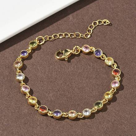 Плоские круглые латунные браслеты-цепочки с инкрустацией кубическим цирконием для женщин&nbsp;BJEW-P385-01G-1