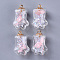 Bear Paw Transparent Glass Pendants, with Dried Flower & Resin Rhinestones inside, Plastic CCB Cup Pearl Peg Bails Pin Pendants Bails, Golden, Pink, 37~38x25x20.5mm, Hole: 3.5mm