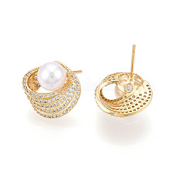 Серьги-гвоздики из латуни с микропаве из кубических цирконий и искусственного жемчуга ABS&nbsp;KK-T074-48G