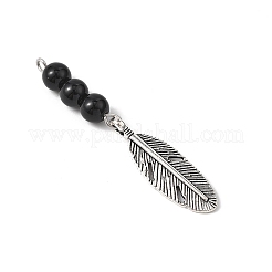 Большие подвески из сплава перьев с круглыми бусинами из синтетического черного камня&nbsp;PALLOY-JF04696