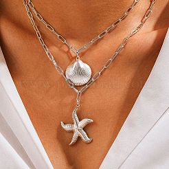 Двухслойные ожерелья в стиле бохо из нержавеющей стали 304 в форме морской звезды и ракушки для женщин&nbsp;LS-NJEW-F343-01P