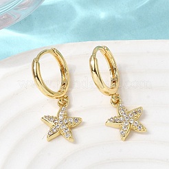 Серьги-кольца в форме морской звезды из латуни с микропаве и прозрачными кубическими циркониями&nbsp;EJEW-H180-28G