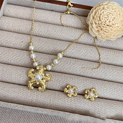 Комплекты украшений из латуни с микропаве из прозрачных кубических цирконий и искусственного жемчуга&nbsp;FS-WG880D6-01