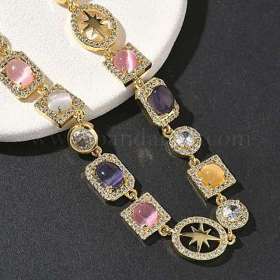 Теннисные ожерелья из латуни с микропаве из прозрачных кубических цирконий и разноцветными камнями кошачий глаз в форме прямоугольника NJEW-G183-05G-1