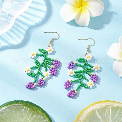 Серьги-подвески из стеклянных бусин с цветами и фруктами EJEW-MZ00533-03-1