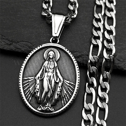 Овальное ожерелье из нержавеющей стали 201 с подвеской в виде Девы Марии в виде цепочки Фигаро NJEW-C104-03-1