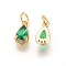 Brass Cubic Zirconia Charms, Drop, Golden, Green, 10.5x5.5x3.5mm, Hole: 3~4mm
