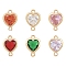 6Pcs 6 Colors K9 Glass Connector Charms, Heart Links with Golden Tone Brass Findings, Mixed Color, 14x10x4.5mm, Hole: 1.2mm, 1pc/color