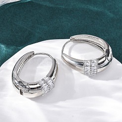 Овальные серьги-кольца из латуни с микропаве из прозрачных кубических цирконий&nbsp;EJEW-G425-03P