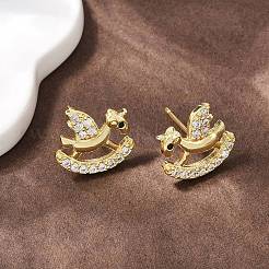 Серьги-гвоздики в стиле хоббихорс с микропаве из прозрачных кубических цирконий из латуни&nbsp;EJEW-F400-06G