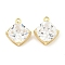 Brass Glass Pendants, Rhombus Charms, Clear, Real 18K Gold Plated, 10.5x9.5x4mm, Hole: 1mm