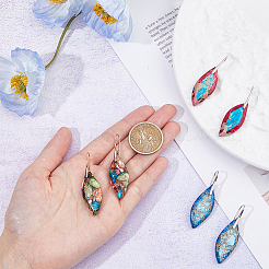 3 пара двухцветных серег-подвесок в виде листьев из натурального регалита с латунными штифтами&nbsp;EJEW-FI0003-17