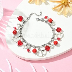 Браслет в тибетском стиле из сплава и стекла с подвесками в виде сердца и цепочками из нержавеющей стали 304 на День святого Валентина&nbsp;BJEW-TA00311