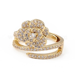 Регулируемое кольцо с цветком из прозрачного кубического циркония&nbsp;RJEW-L100-021G