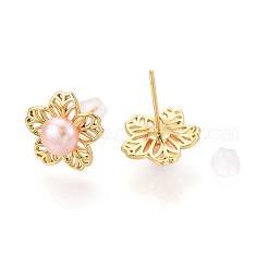 Серьги-гвоздики из натурального жемчуга в форме цветка из латуни&nbsp;PEAR-N017-07F