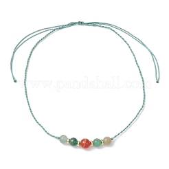 Регулируемые круглые плетеные бусины из натурального зеленого авантюрина и окрашенного полосчатого агата&nbsp;NJEW-JN05318