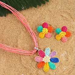 Комплект из ожерелья и серег-гвоздиков из рафии в стиле «Цветок Богемия»&nbsp;FS-WG35AAC-01