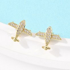 Серьги-гвоздики в форме самолета с микропаве из прозрачных кубических цирконий из латуни&nbsp;EJEW-F400-16G