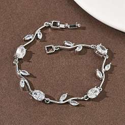 Браслеты-цепочки из латуни с микропаве из кубических цирконий овальной и листовой формы для женщин&nbsp;BJEW-G764-05P-02