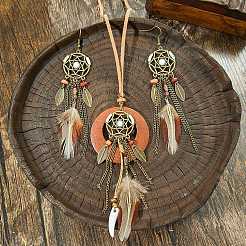 Плетеная сетка/паутина с перьевым сплавом и комплекты из дерева и сережек&nbsp;FS-WG8596C-01