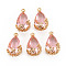 Transparent Glass Pendants, for DIY Jewelry Making, with Brass Findings, Faceted, Teardrop with Flower, Light Gold, Pink, 16x9x6mm, Hole: 1.2mm