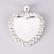 Alloy Pendant Cabochon Settings, Plain Edge Bezel Cups, with Rhinestone, Heart, Crystal, Silver Color Plated, Tray: 23.5x24.5mm, 42x33.5x3.5mm, Hole: 4x5mm