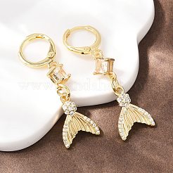 Серьги-кольца из латуни с микропаве из кубических цирконий в форме рыбьего хвоста&nbsp;EJEW-B154-05G