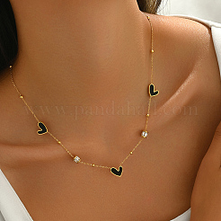 Женские цепочки-колонны из нержавеющей стали с прозрачным кубическим цирконием и имитацией ракушек в форме черного сердца&nbsp;HU5072