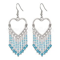 Серьги-люстры в форме полого сердца из сплава и стеклянных бисеринок с кисточками&nbsp;EJEW-MZ00685-01