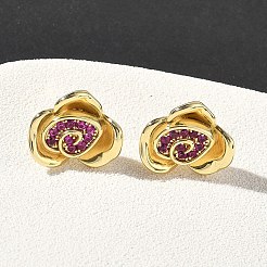 Серьги-гвоздики из латуни с микропаве из кубических цирконий в форме цветка розы&nbsp;EJEW-G452-08G-01