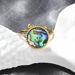 Плоские круглые манжеты из ракушки пауа из нержавеющей стали 304 для женщин&nbsp;RJEW-G346-10G-01