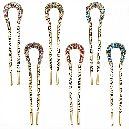 6 шт. 6-цветные винтажные заколки для волос со стразами из сплава&nbsp;OHAR-CY0001-06-1