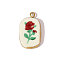 304 Stainless Steel & Porcelain Pendants, Rectangle with Flower, Ion Plating(IP), Real 18K Gold Plated, Dark Red, 27x16mm