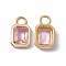 Pink Glass Rectangle Pendants, with Real 18K Gold Plated Rack Plating Brass Findings and Enamel, Cadmium Free & Lead Free & Nickle Free, White, 15.5~16x9x3.5~4mm, Hole: 3.3mm