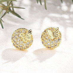 Плоские круглые серьги-гвоздики с бабочкой из латуни с микропаве из прозрачных кубических цирконий&nbsp;EJEW-H162-02G