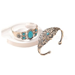 2шт 2 стиля сплава с синтетической бирюзой браслеты-манжеты для женщин&nbsp;FS-WG25D7B-01