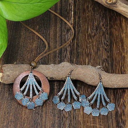 Ожерелья и комплекты серег-подвесок из сплава эмали и дерева WG2B6E1-01-1