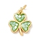 Brass Enamel Pendants, Clover Charms, with Natural Shell, Long-Lasting Plated, Rack Plating, with Jump Ring, Real 18K Gold Plated, Lime Green, 11.5x10x2mm