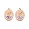 Rack Plating Alloy Enamel Pendants, with ABS Imitation Pearl, Cadmium Free & Nickel Free & Lead Free, Light Gold, Oval with Flower Charm, Misty Rose, 28x20x3mm, Hole: 1.8~2mm