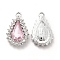 Alloy Glass Pendants, Crystal Rhinestone Teardrop Charm, Platinum, Pink, 22x14x5mm, Hole: 2mm