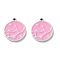 304 Stainless Steel Charms, with Enamel, Flat Round Charm, Pearl Pink, 13.5x12x1.5mm, Hole: 1mm