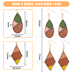 4 пара двухцветных сережек-капель и ромбов из натурального дерева&nbsp;EJEW-FI0001-46