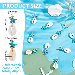 40 шт. подвески в виде морской звезды из натуральной ракушки каури и синтетической бирюзы двух цветов&nbsp;PALLOY-HY00105