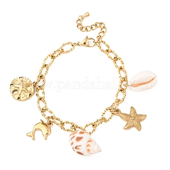 Браслеты с подвесками в виде дельфинов и морских звезд из нержавеющей стали 304 для женщин&nbsp;BJEW-F516-01G